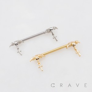 BAT SKULL MOTIFS WITH DANGLING CROSS CHARMS ENDS 316L SURGICAL STEEL NIPPLE RING